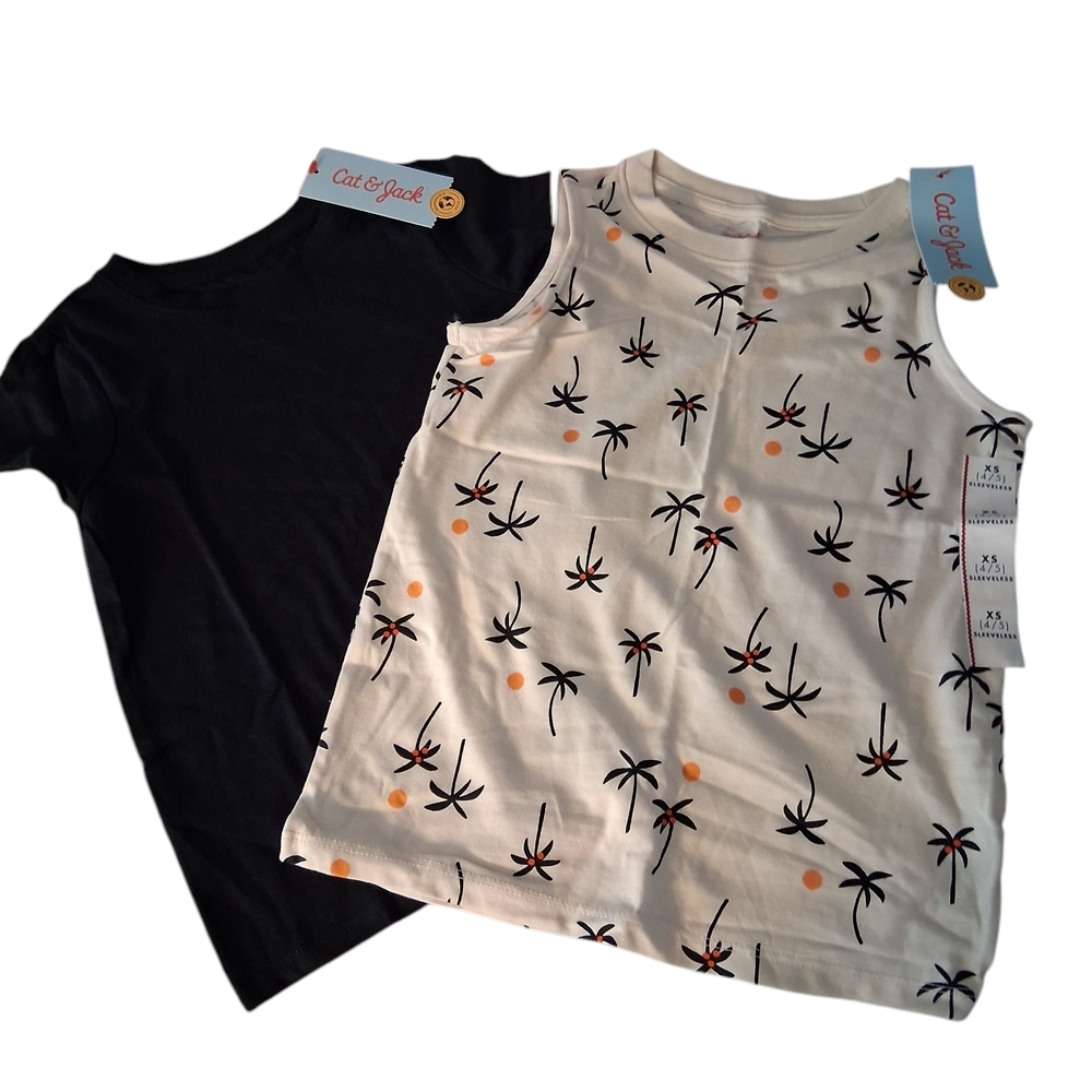 Cat & Jack Black Tee and Beige Printed Tank Top XS